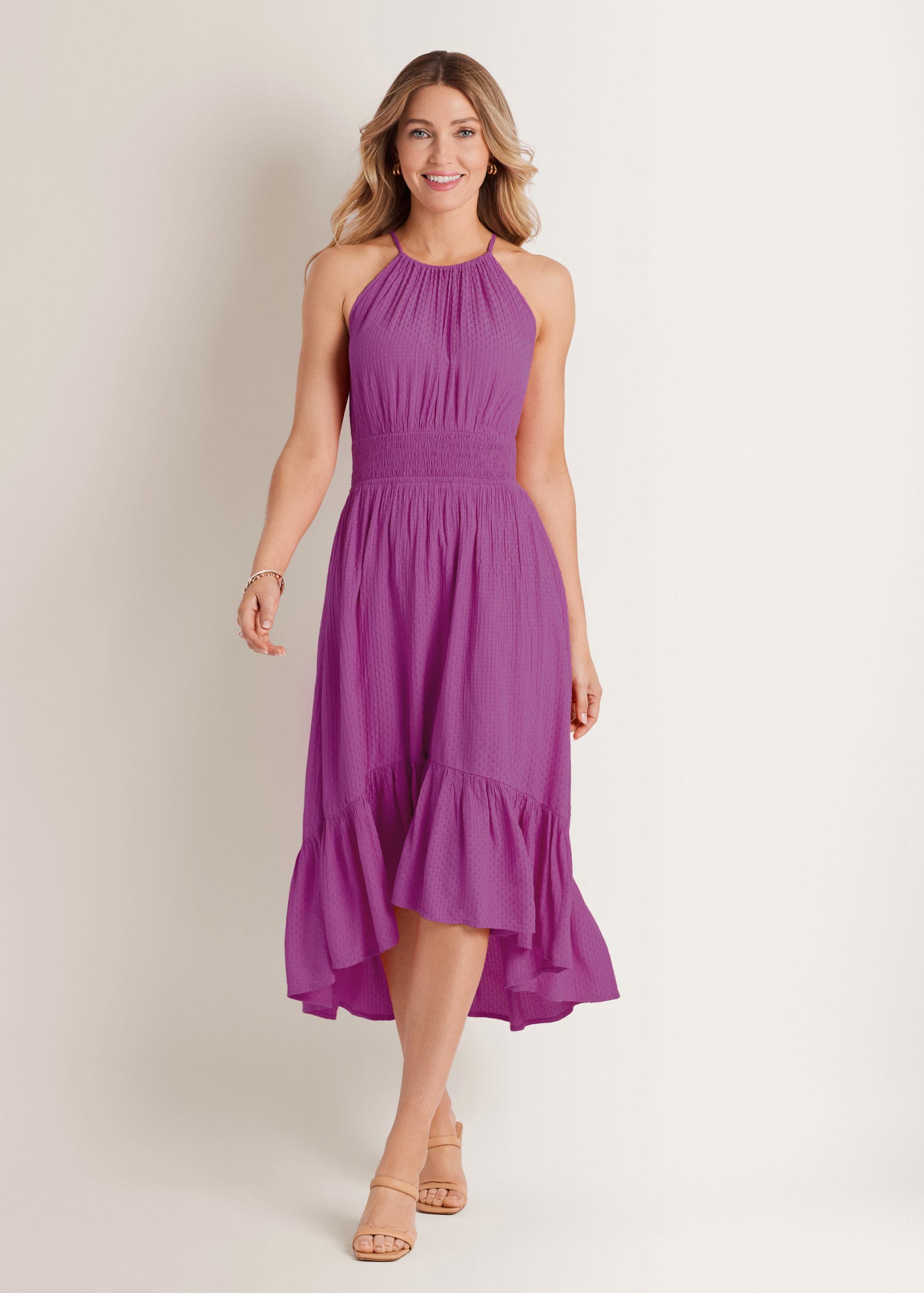 Dotted Viscose Textured Hi-Low Halter Maxi Dress - Cateleya Orchid