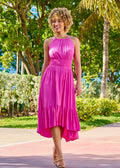 Dotted Viscose Textured Hi-Low Halter Maxi Dress - Fuchsia Fedora