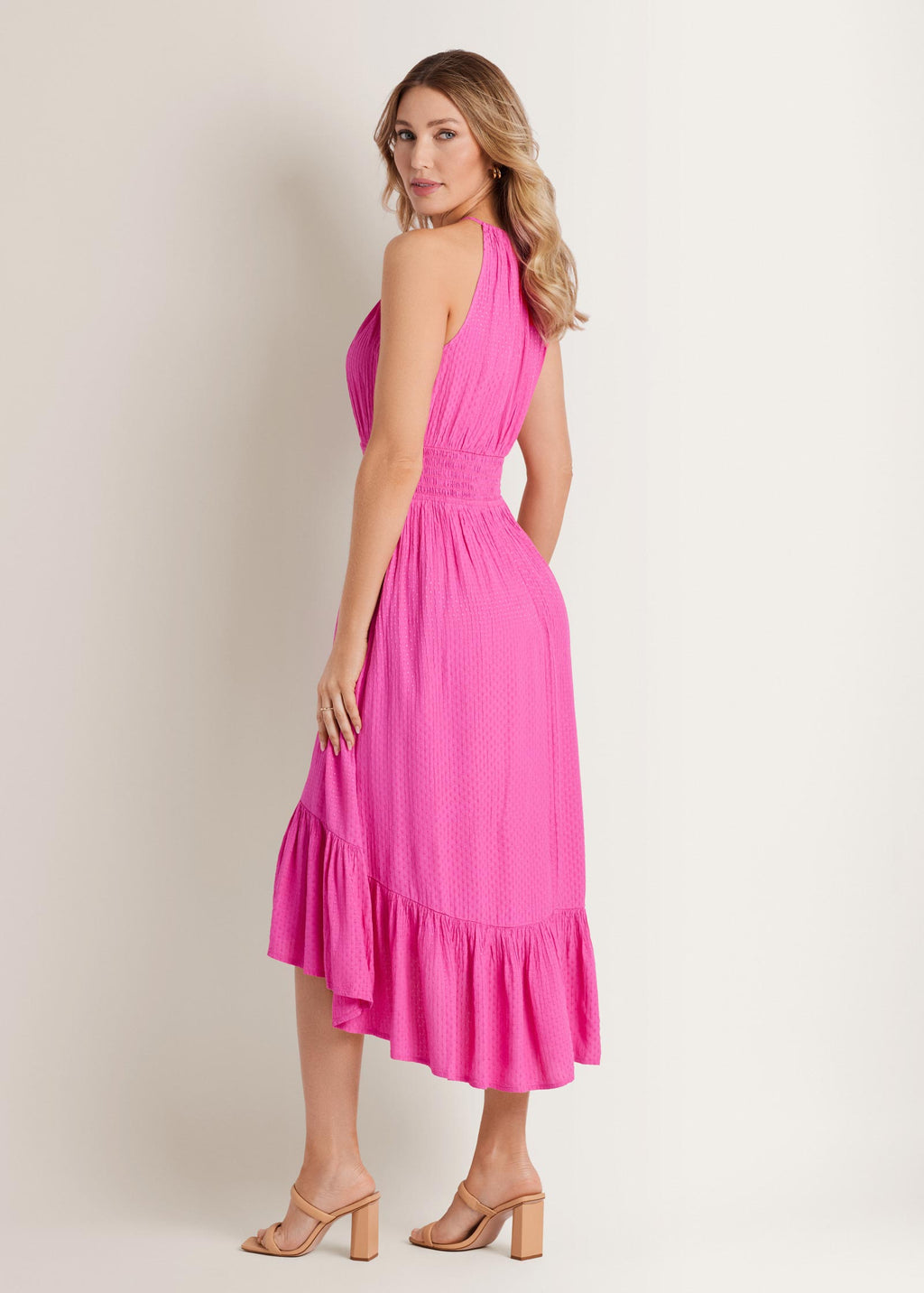 Dotted Viscose Textured Hi-Low Halter Maxi Dress - Fuchsia Fedora