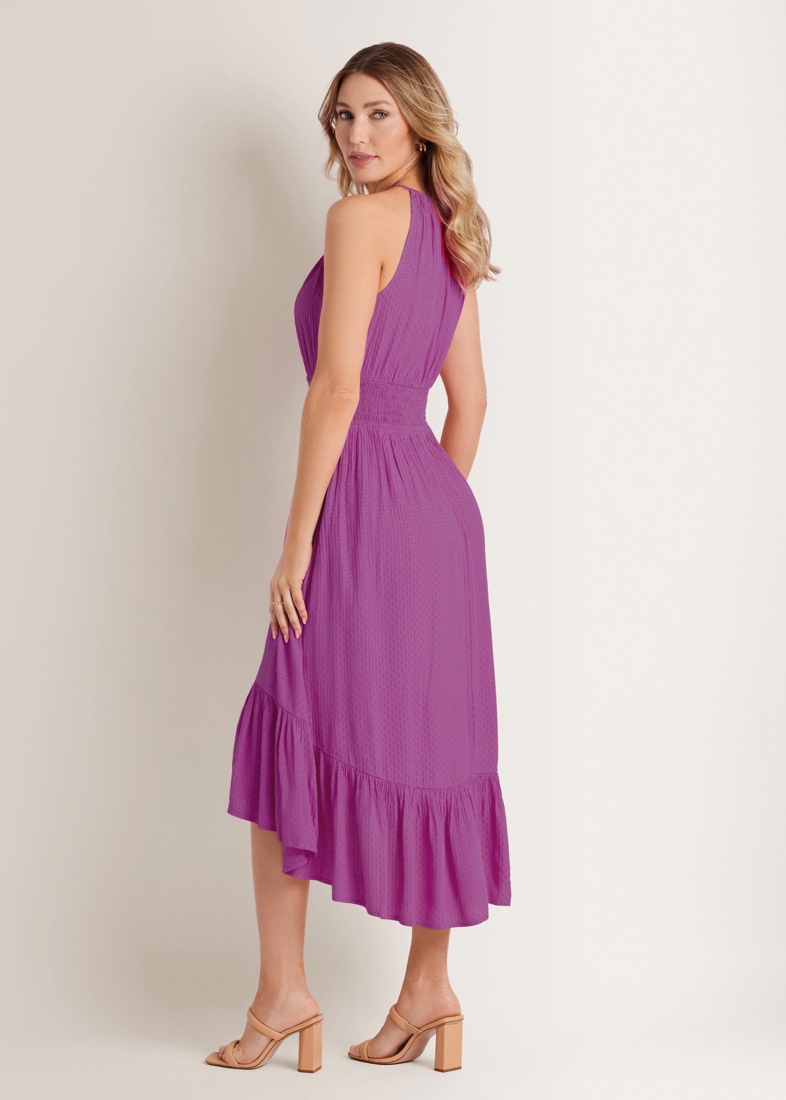 Dotted Viscose Textured Hi-Low Halter Maxi Dress - Cateleya Orchid