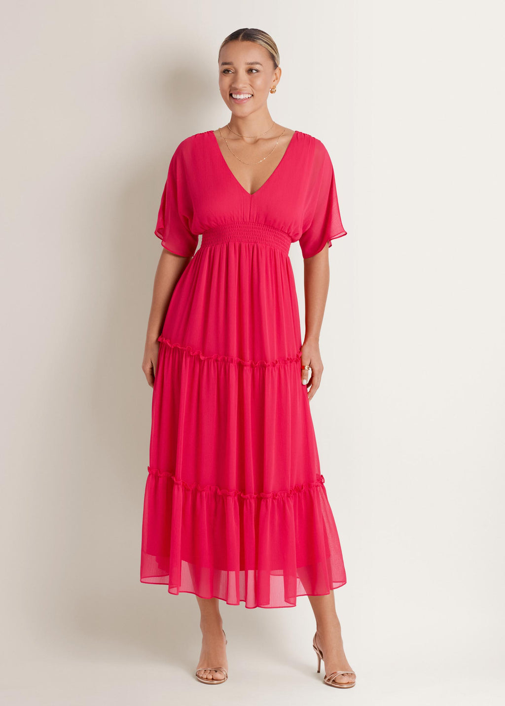 Flutter Sleeve Maxi Dress - Rose Red