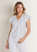 Linen Ruffle Sleeve Top - Etched Coastal Floral