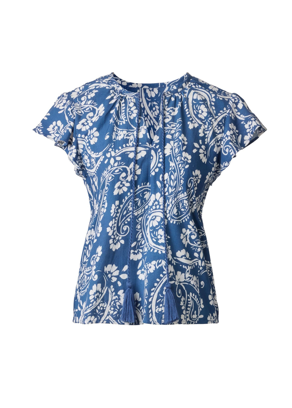 Linen Ruffle Sleeve Top - Patched Paisley Blue