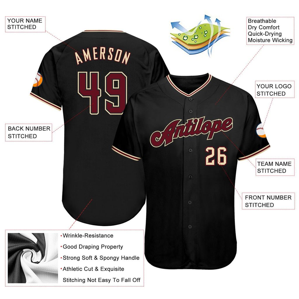 Custom Black Crimson-City Cream Authentic Baseball Jersey